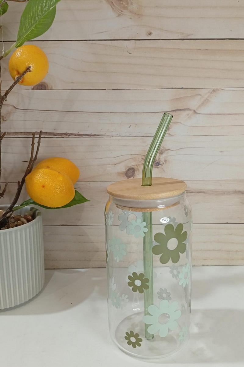 VASO VIDRIO T/ BAMBO Y SORBETE 500 ML FLORES
